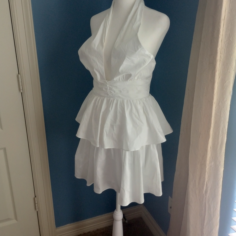 Olivaceous White Ruffled Halter Mini Dress